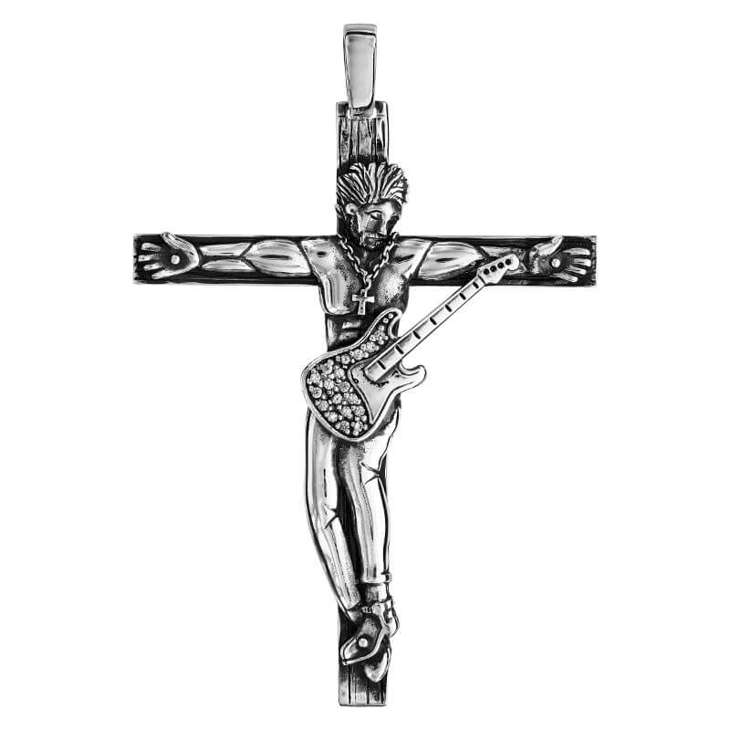 Pendentif croix Johnny Hallyday en argent massif vieilli