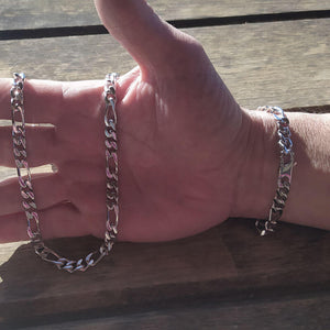 bracelet maille alternée figaro en argent / option rhodié homme large de 7 mm