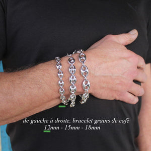 Bracelet aux grains de café de café argent / option rhodié homme de 10x12mm
