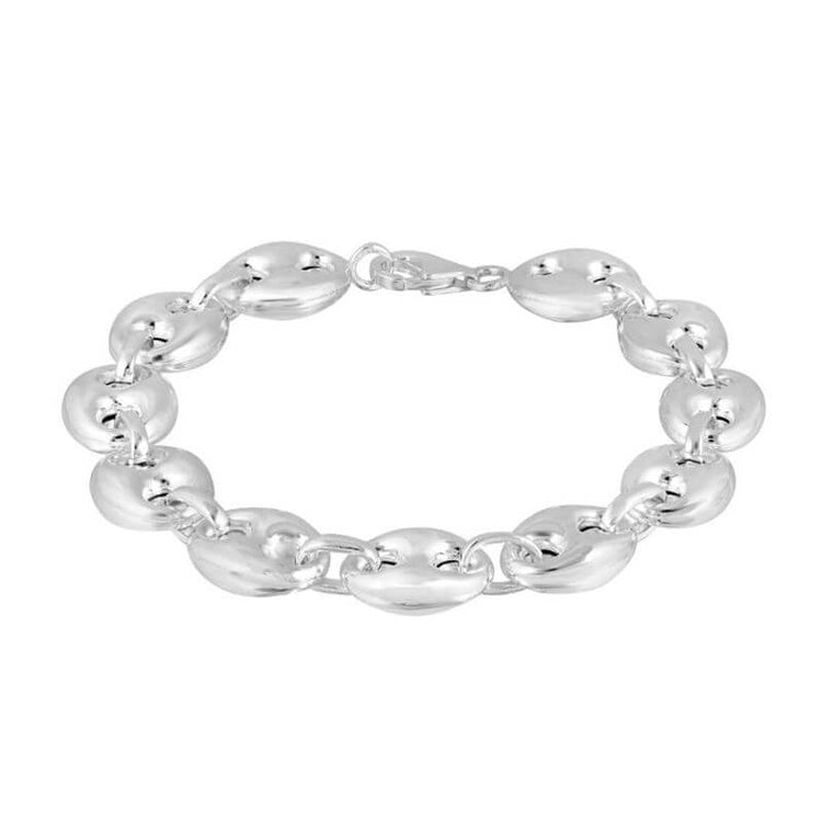 Bracelet aux grosses mailles graines de café bombées 15x18mm pour homme, en argent / option rhodié