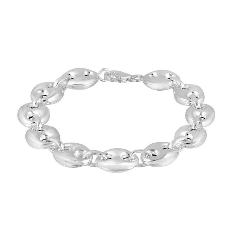 Bracelet aux grosses mailles graines de café bombées 15x18mm pour homme, en argent / option rhodié