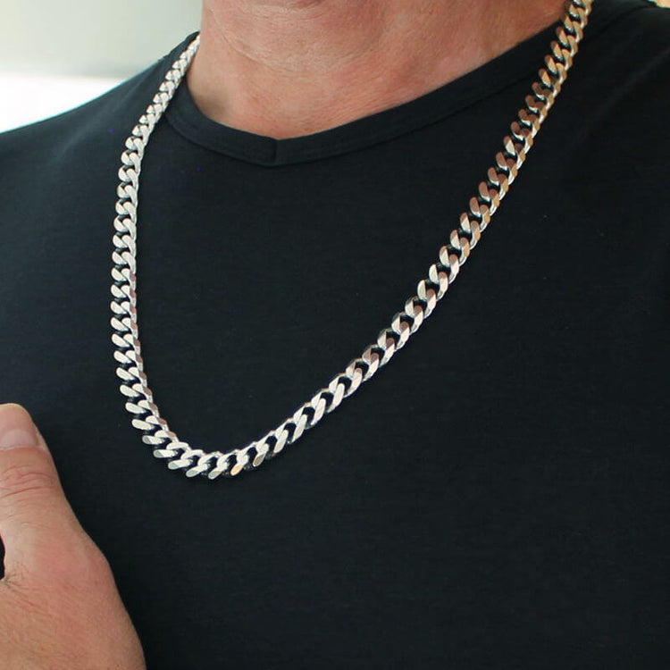 Collier Homme Argent Massif - Maille gourmette plate 9mm - 45 à 80cm (60-90g)